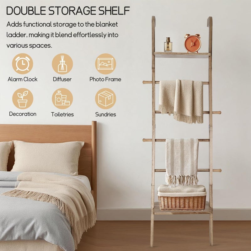 Fuairmee Wooden Ladder with Shelf for Room Decor, 6-Tier Decor Ladder with Non-Slip Mat & Hooks, Farmhouse Style Leaning Wall Display Holder - Image 5